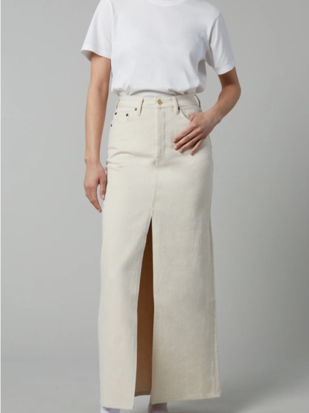 NWT Still Here Cream High-Waist Maxi Denim Skirt with Front Slit